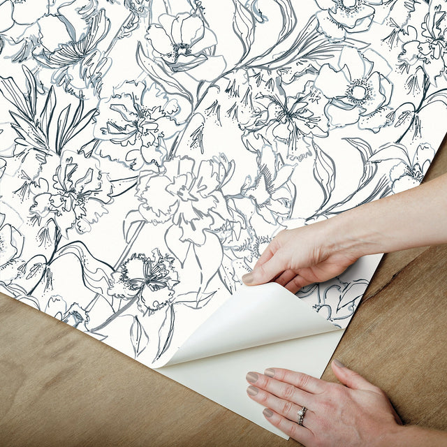 May Bloom Navy Peel & Stick Wallpaper with Botanical Floral Linework - NuWallpaper BDS6080