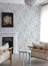 May Bloom Navy Peel & Stick Wallpaper with Botanical Floral Linework - NuWallpaper BDS6080