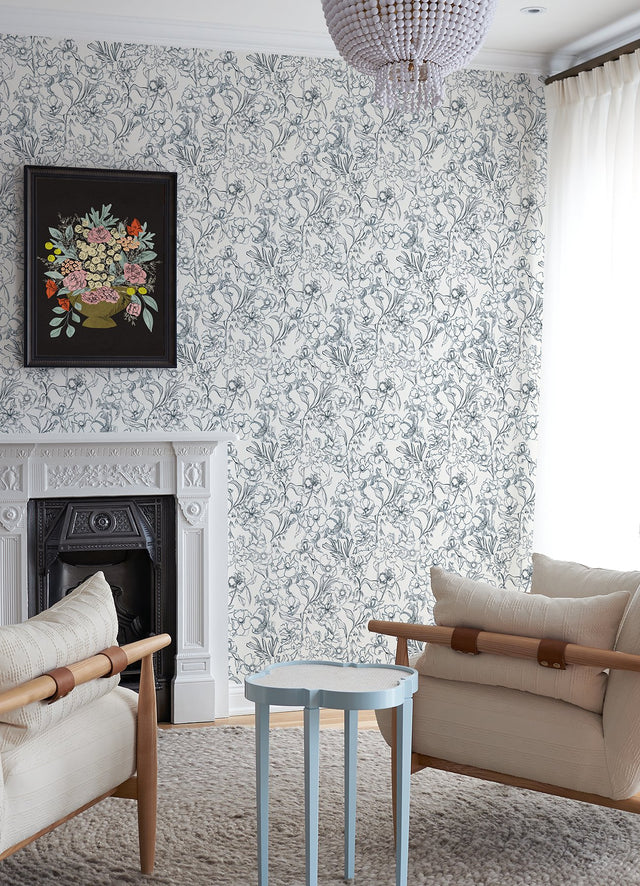 May Bloom Navy Peel & Stick Wallpaper with Botanical Floral Linework - NuWallpaper BDS6080