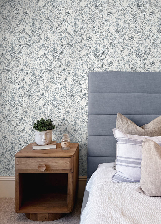 May Bloom Navy Peel & Stick Wallpaper with Botanical Floral Linework - NuWallpaper BDS6080