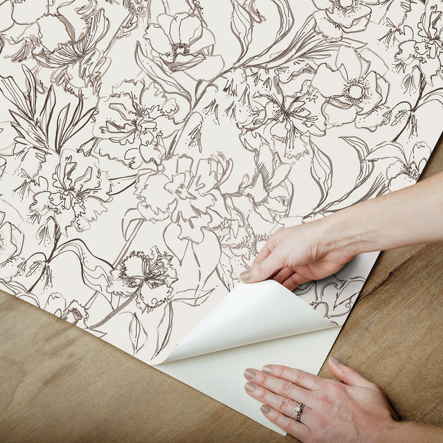 May Bloom Brown Peel & Stick Wallpaper with Botanical Floral Linework - Brewster BDS6081