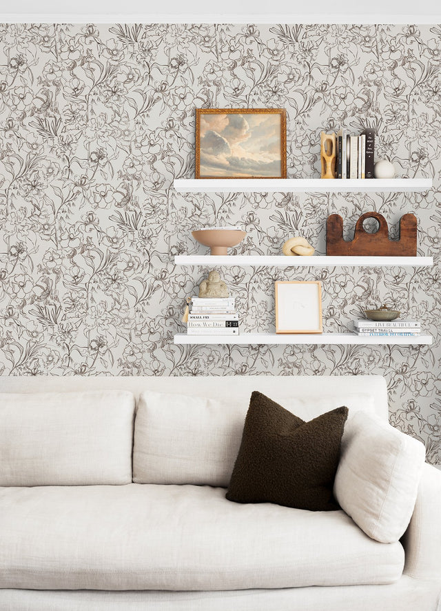 May Bloom Brown Peel & Stick Wallpaper with Botanical Floral Linework - Brewster BDS6081