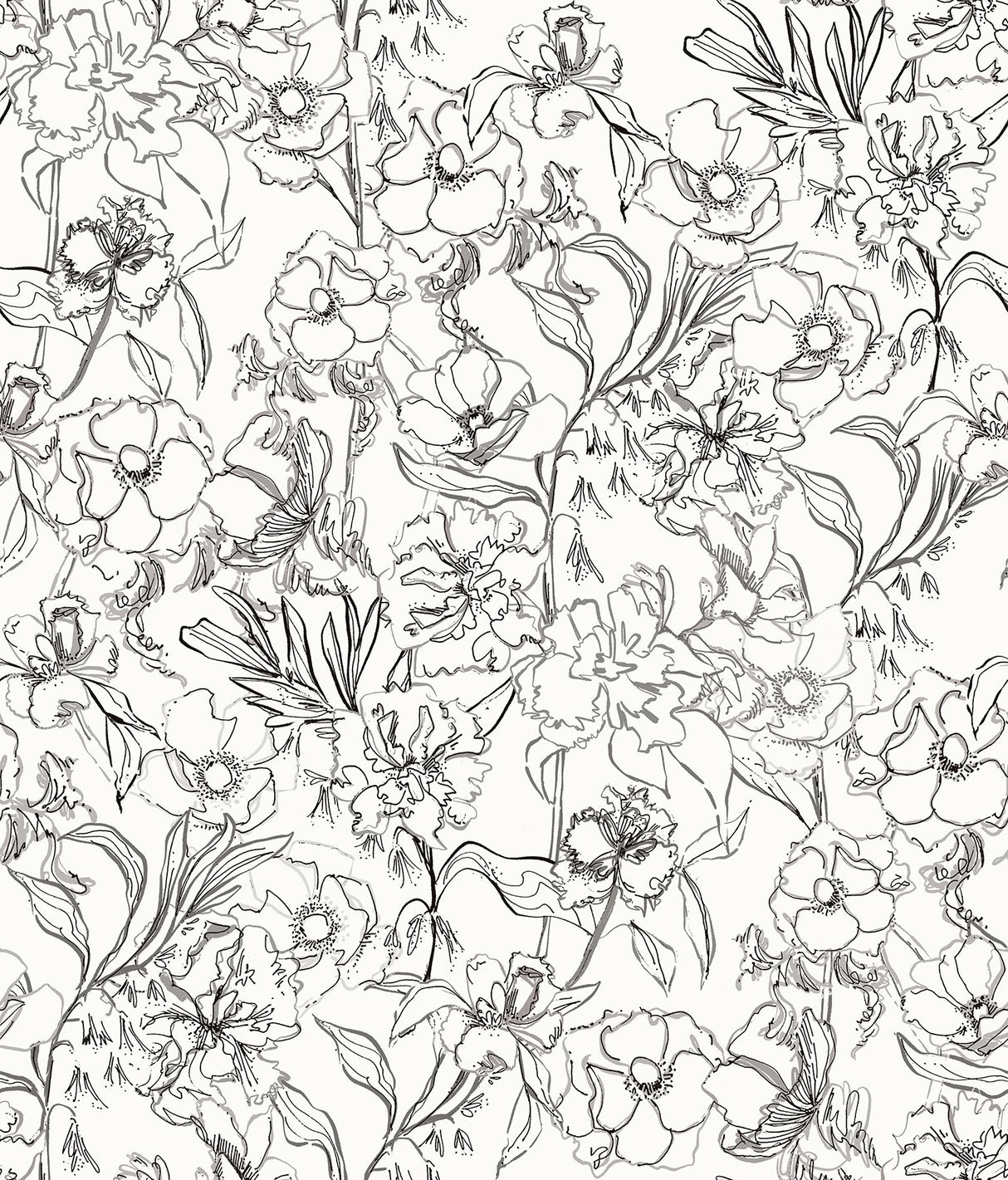 May Bloom Grey Peel & Stick Wallpaper with Floral Linework - NuWallpaper BDS6082