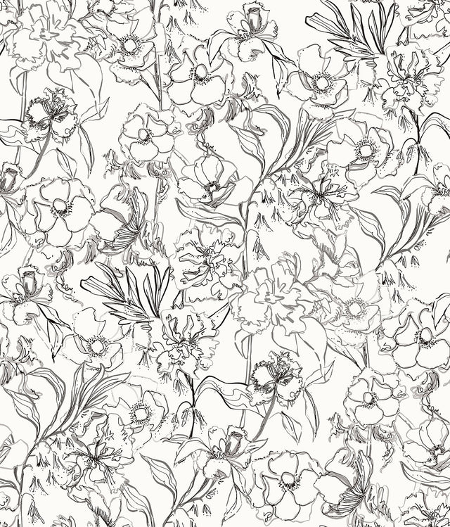May Bloom Grey Peel & Stick Wallpaper with Floral Linework - NuWallpaper BDS6082