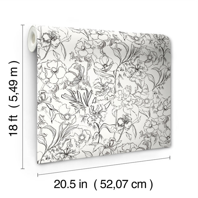 May Bloom Grey Peel & Stick Wallpaper with Floral Linework - NuWallpaper BDS6082