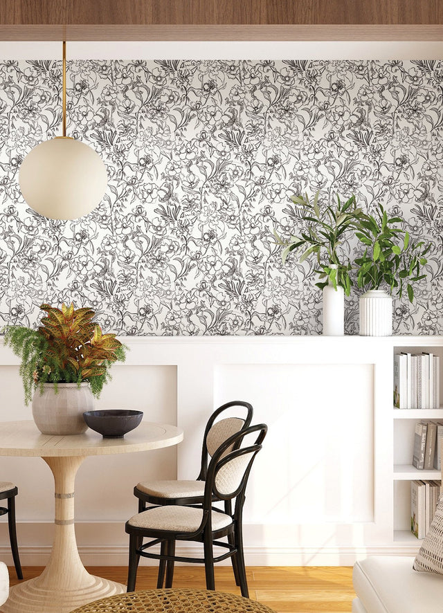 May Bloom Grey Peel & Stick Wallpaper with Floral Linework - NuWallpaper BDS6082