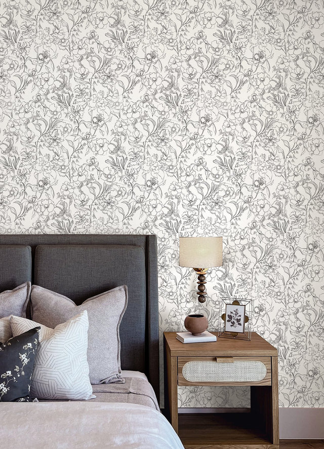 May Bloom Grey Peel & Stick Wallpaper with Floral Linework - NuWallpaper BDS6082