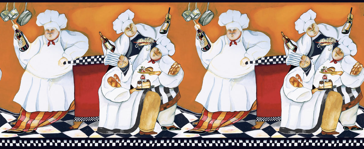 Chef's a Cookin Orange & Black Wallpaper Border with Whimsical Italian Chef Motif, Sure Strip Prepasted - York BG1680BD