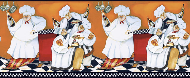 Chef's a Cookin Orange & Black Wallpaper Border with Whimsical Italian Chef Motif, Sure Strip Prepasted - York BG1680BD