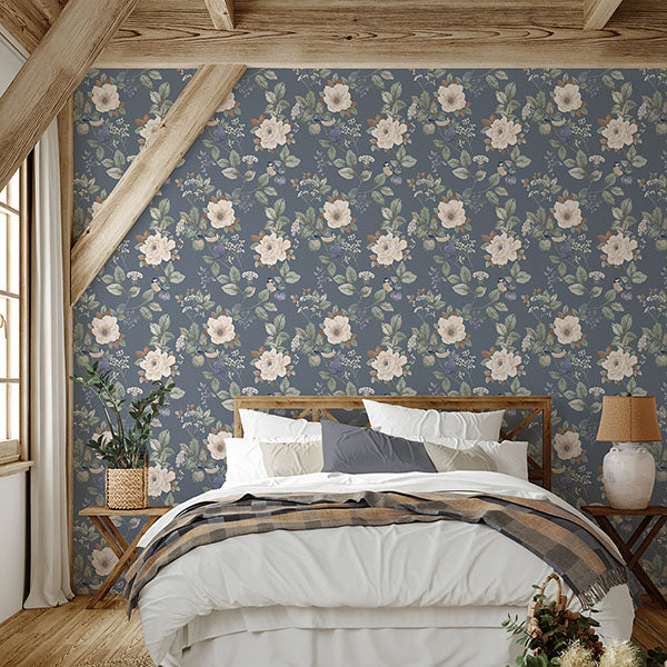 Bramble Blue by Belgravia Decor Floral Wallpaper – Brewster Home Fashions BG2300