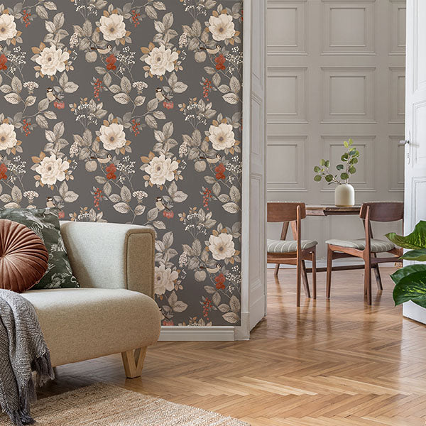 Bramble Charcoal by Belgravia Decor Floral Wallpaper- Brewster Home Fashions BG2303