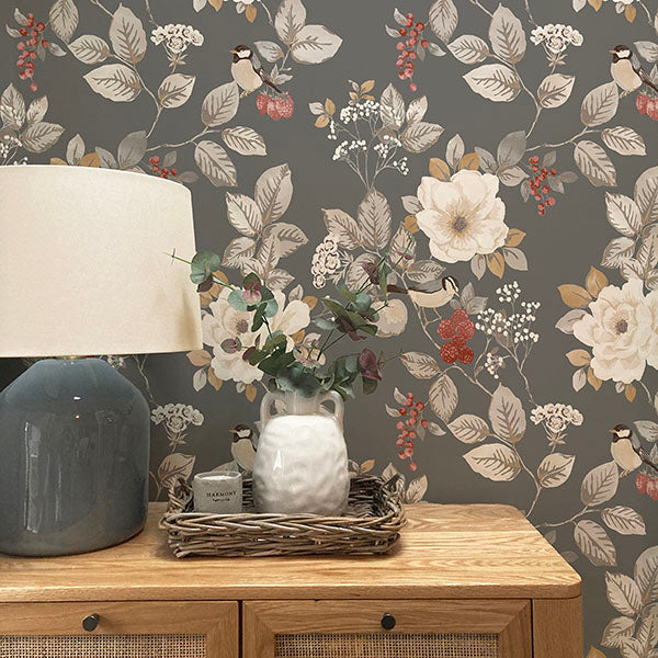 Bramble Charcoal by Belgravia Decor Floral Wallpaper- Brewster Home Fashions BG2303