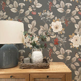 Bramble Charcoal by Belgravia Decor Floral Wallpaper- Brewster Home Fashions BG2303