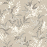Olivia Beige Floral Wallpaper by Belgravia Decor shown in room and pattern close-up