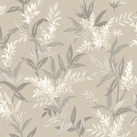 Olivia Beige Floral Wallpaper by Belgravia Decor shown in room and pattern close-up
