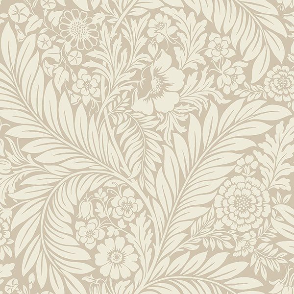 Belgravia Decor Florence Neutral Leaf Wallpaper in beige with floral vine motif; room scenes included.