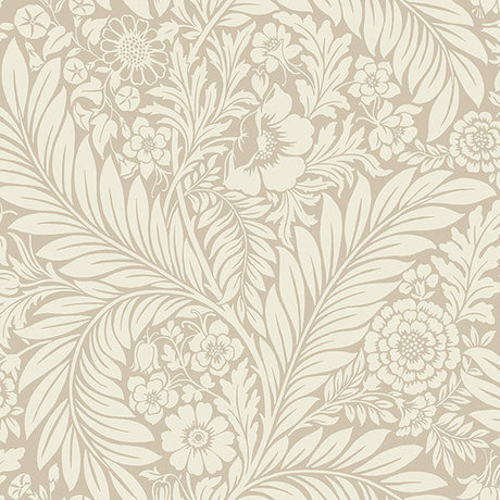 Belgravia Decor Florence Neutral Leaf Wallpaper in beige with floral vine motif; room scenes included.
