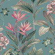 Oliana teal floral wallpaper with tropical leaves and blooms in pinks and greens on a teal ground