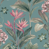 Oliana teal floral wallpaper with tropical leaves and blooms in pinks and greens on a teal ground