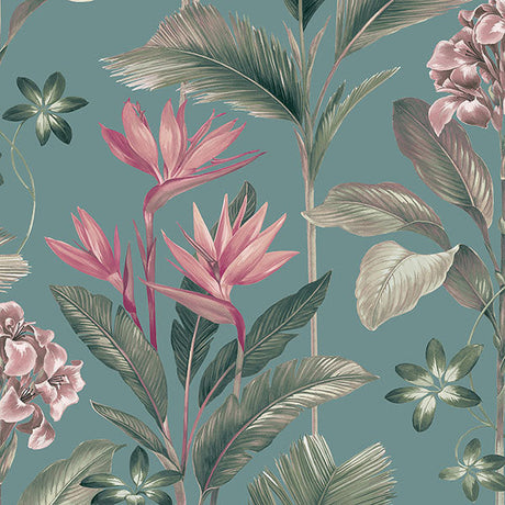 Oliana teal floral wallpaper with tropical leaves and blooms in pinks and greens on a teal ground