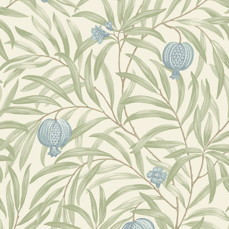 Elena Blue Pomegranate wallpaper pattern with leafy branches and blue fruit