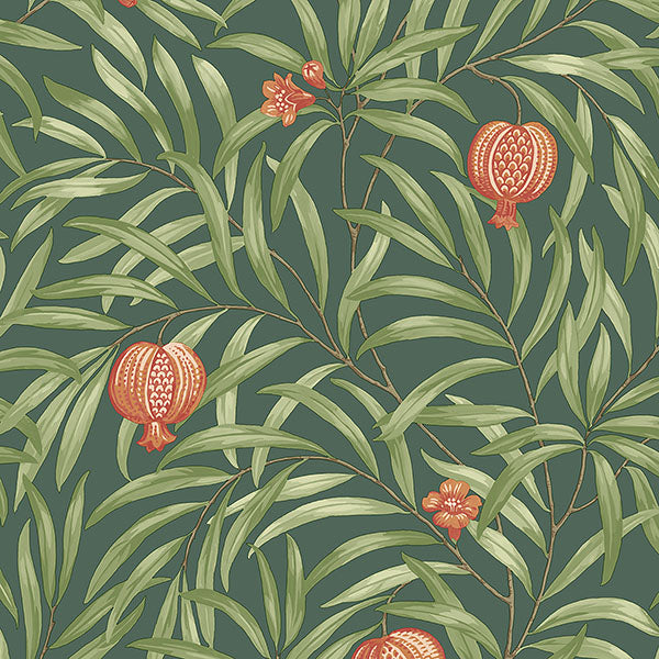 Elena Green Pomegranate wallpaper pattern BG9613 with leafy vines and pomegranates