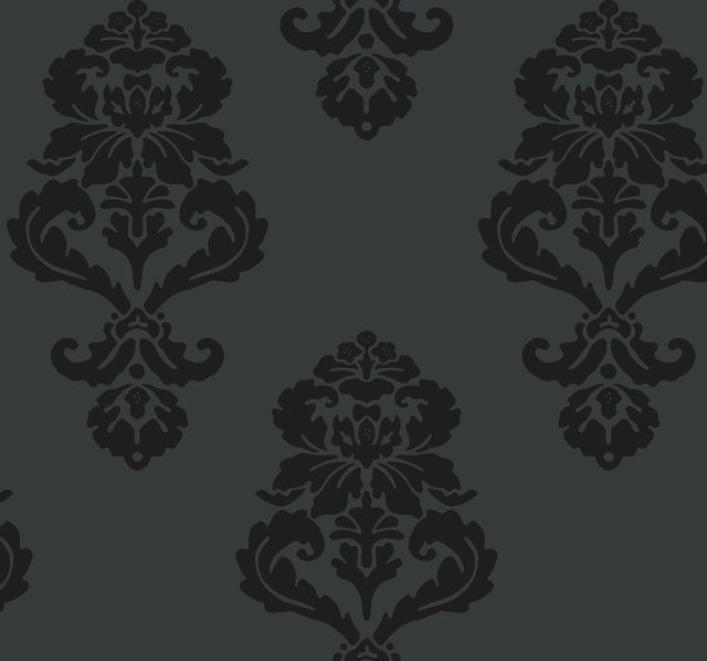 Graphic Damask Black Wallpaper with Monochrome Matte-Gloss Damask Motif - York BL0397