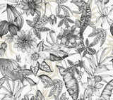 Rainforest White & Charcoal Wallpaper with Tropical Flora and Fauna Motif - York BL1703