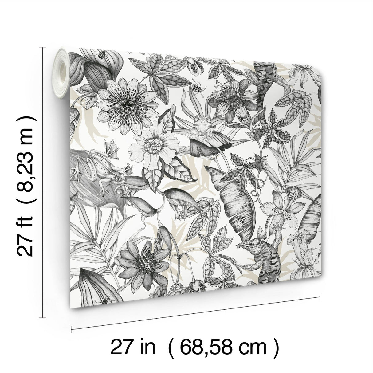 Rainforest White & Charcoal Wallpaper with Tropical Flora and Fauna Motif - York BL1703