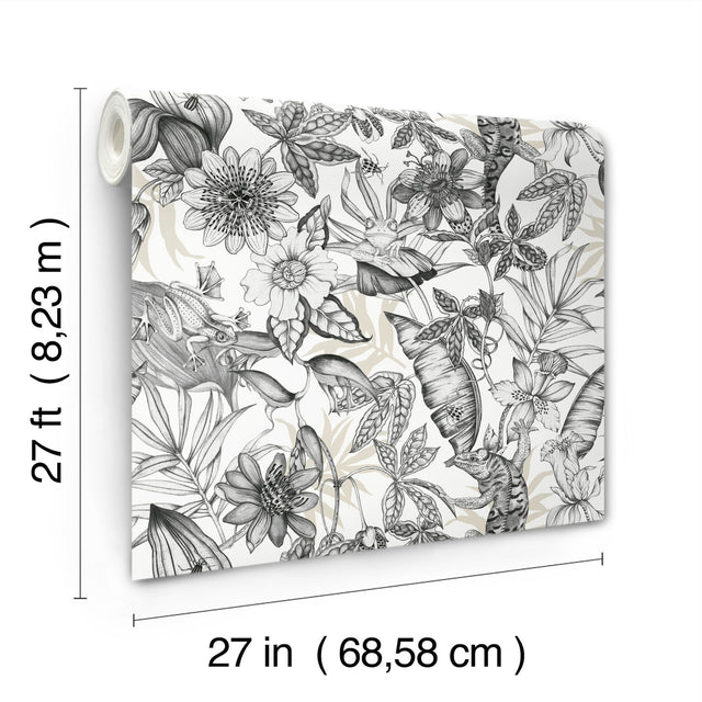 Rainforest White & Charcoal Wallpaper with Tropical Flora and Fauna Motif - York BL1703