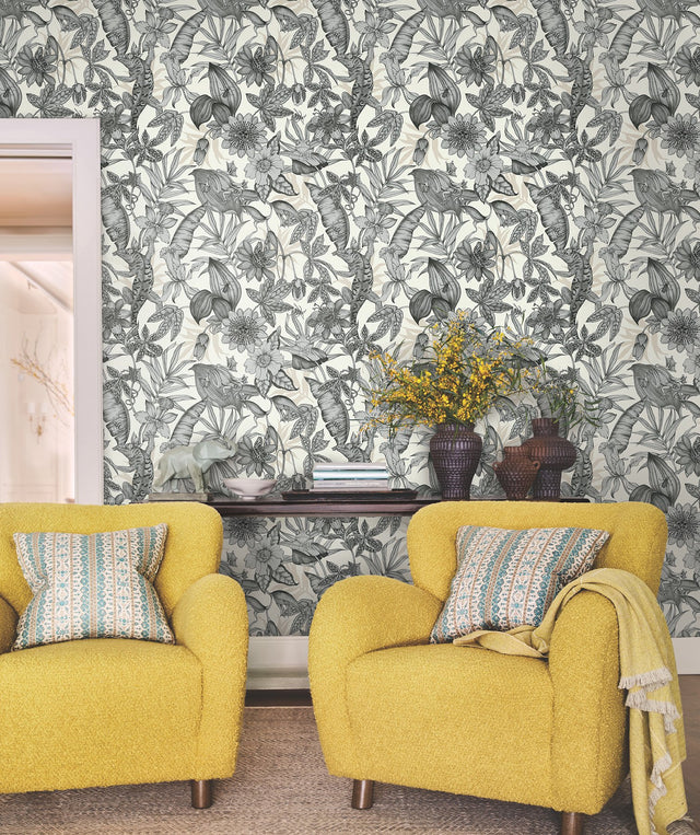 Rainforest White & Charcoal Wallpaper with Tropical Flora and Fauna Motif - York BL1703