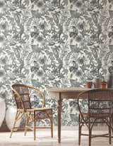 Rainforest White & Charcoal Wallpaper with Tropical Flora and Fauna Motif - York BL1703