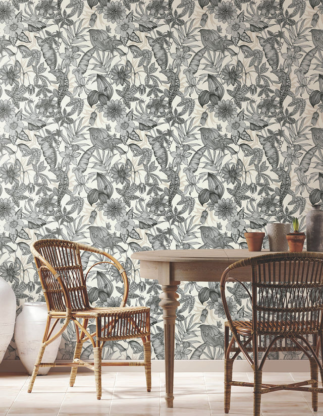 Rainforest White & Charcoal Wallpaper with Tropical Flora and Fauna Motif - York BL1703