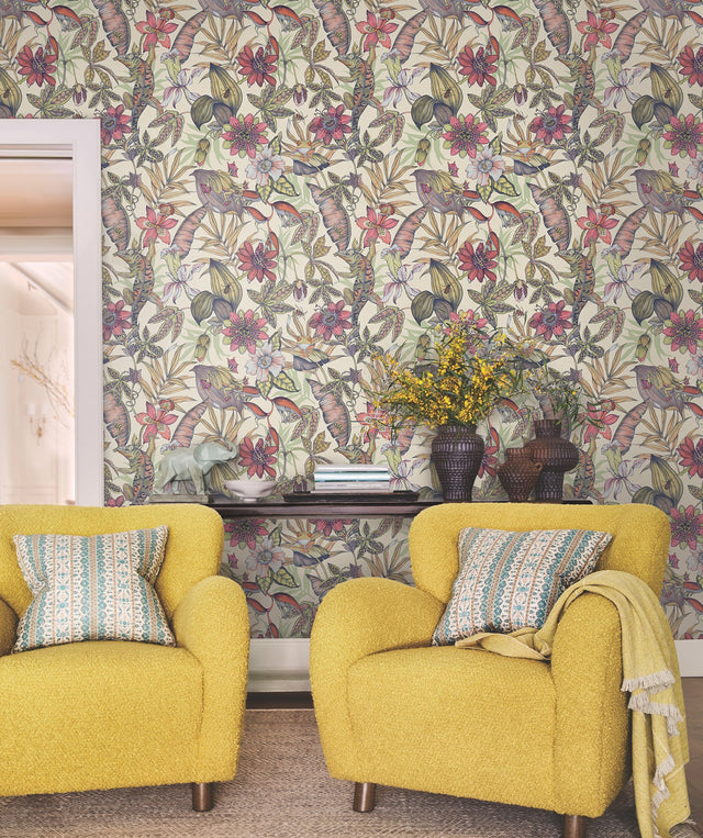 Rainforest Cream Wallpaper with Tropical Animals and Botanical Motif - York BL1704