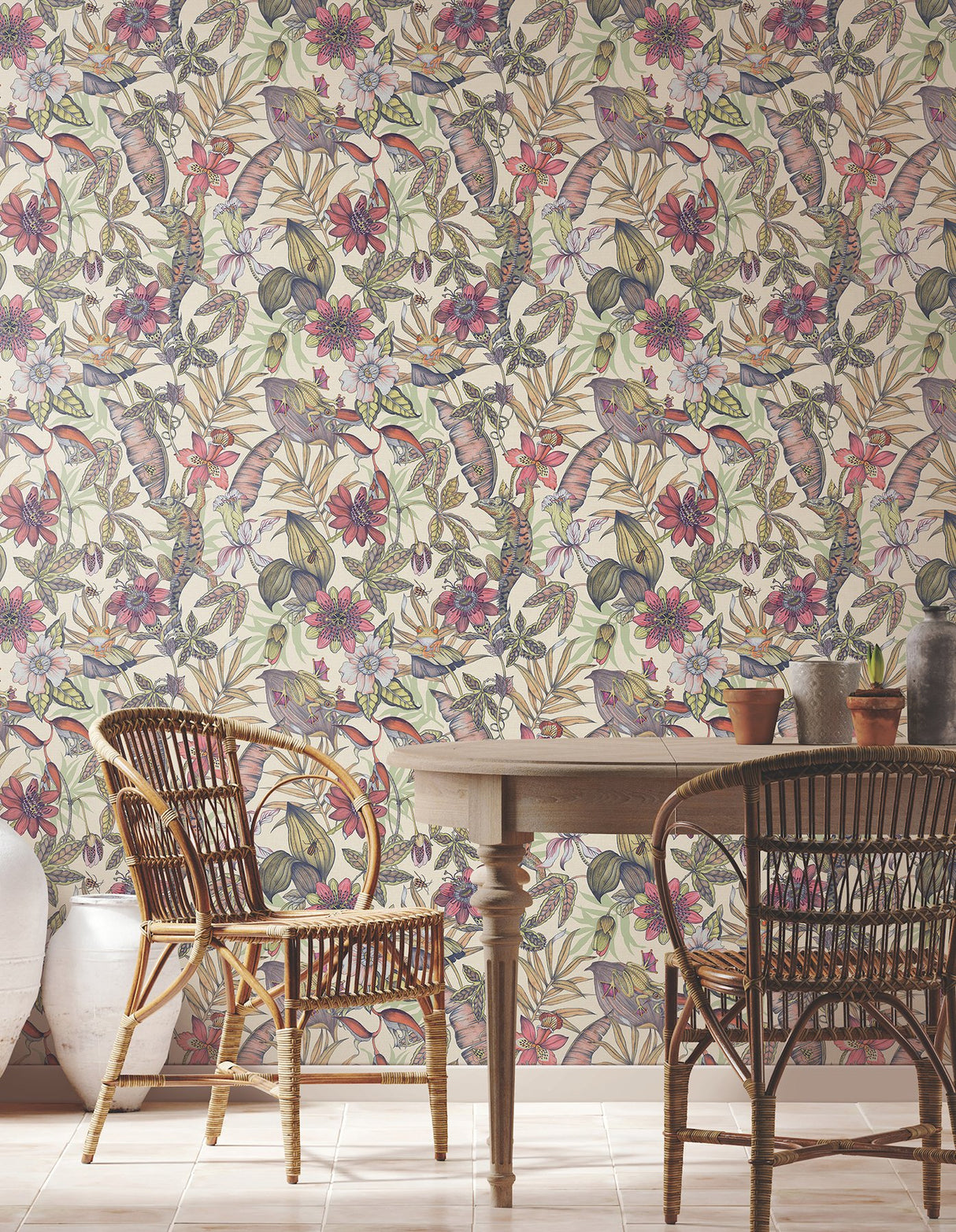 Rainforest Cream Wallpaper with Tropical Animals and Botanical Motif - York BL1704