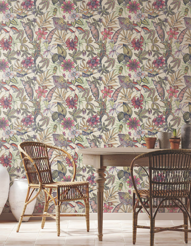 Rainforest Cream Wallpaper with Tropical Animals and Botanical Motif - York BL1704