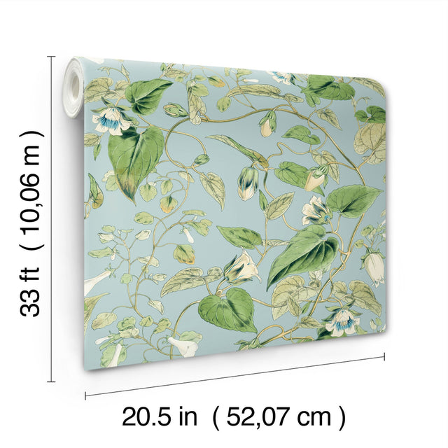 Moon Flower Sky Blue Wallpaper with Floral Vine Pattern, Non Woven Paste-the-Wall - York BL1714