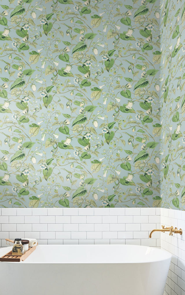 Moon Flower Sky Blue Wallpaper with Floral Vine Pattern, Non Woven Paste-the-Wall - York BL1714