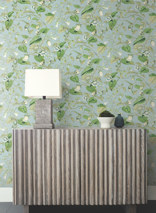 Moon Flower Sky Blue Wallpaper with Floral Vine Pattern, Non Woven Paste-the-Wall - York BL1714