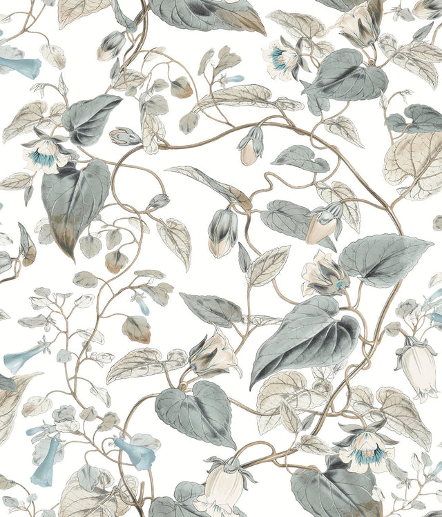 Moon Flower White & Blue Wallpaper with Floral Vine Pattern - York BL1715