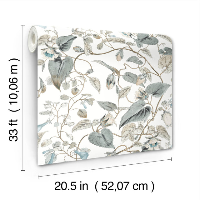 Moon Flower White & Blue Wallpaper with Floral Vine Pattern - York BL1715