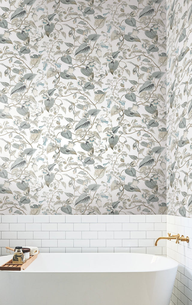 Moon Flower White & Blue Wallpaper with Floral Vine Pattern - York BL1715