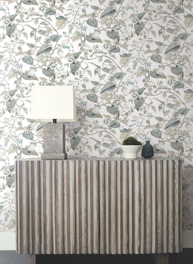 Moon Flower White & Blue Wallpaper with Floral Vine Pattern - York BL1715