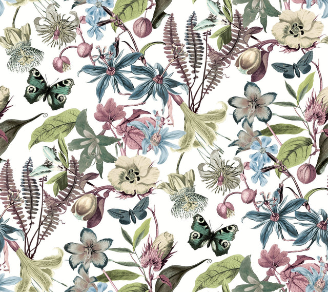 Butterfly House White & Fuchsia Wallpaper with Botanical Floral and Butterfly Motif - York BL1721