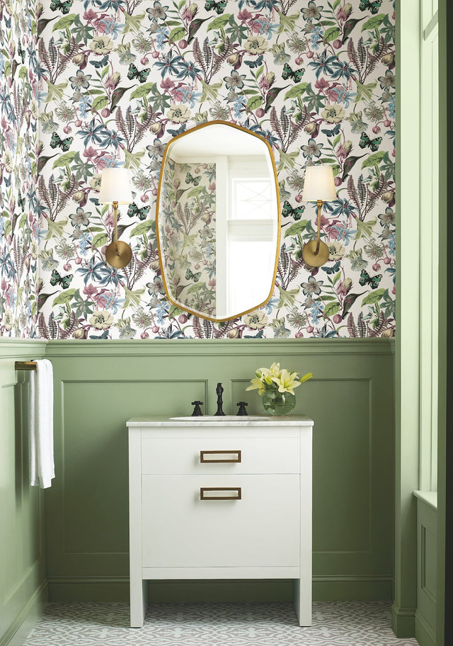 Butterfly House White & Fuchsia Wallpaper with Botanical Floral and Butterfly Motif - York BL1721