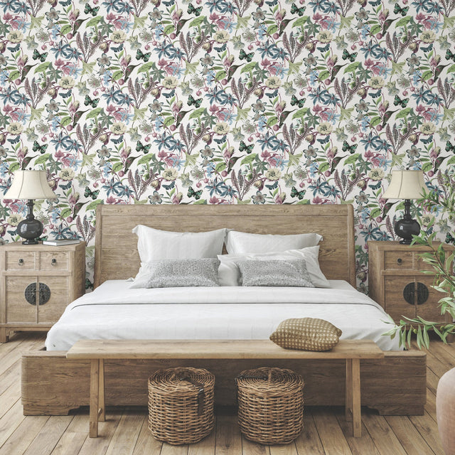 Butterfly House White & Fuchsia Wallpaper with Botanical Floral and Butterfly Motif - York BL1721