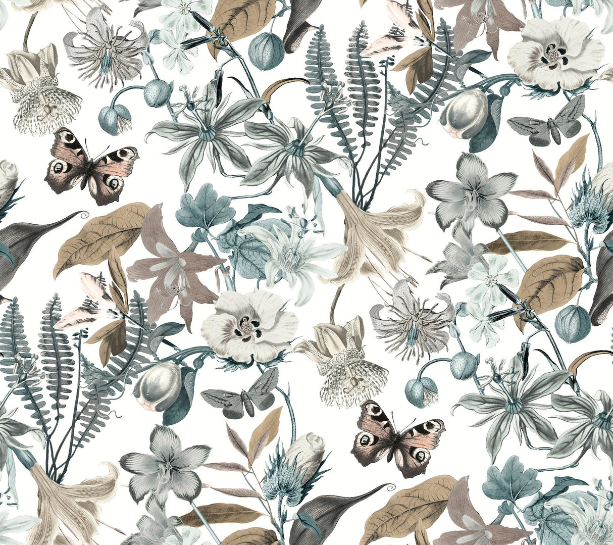 Butterfly House White & Blue Wallpaper with Botanical Butterfly Motif - York BL1722