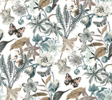 Butterfly House White & Blue Wallpaper with Botanical Butterfly Motif - York BL1722