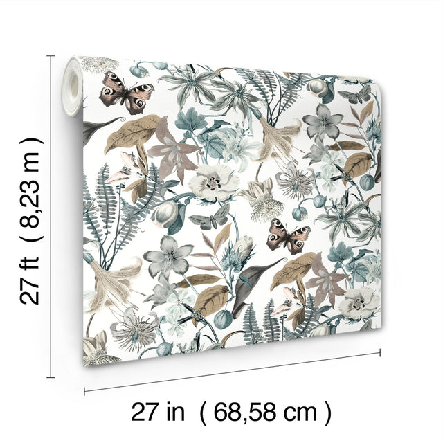 Butterfly House White & Blue Wallpaper with Botanical Butterfly Motif - York BL1722