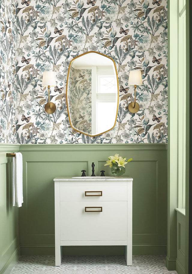 Butterfly House White & Blue Wallpaper with Botanical Butterfly Motif - York BL1722